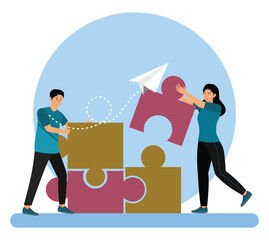 Increase value and workplace motivation concept, employees help complete jigsaw in their office.
