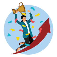 Woman Celebrating Success and Achievement with a Trophy and Upward Trend