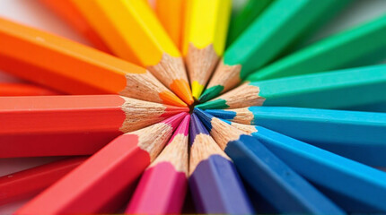 Colorful collection of sharpened pencils arranged neatly against a white background with paint splatters
