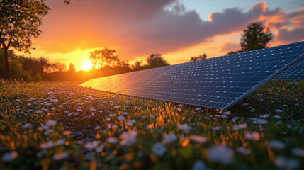 A large solar panel in a field of wildflowers at sunset. perfect for concepts of green energy, sustainability, and harmony with nature