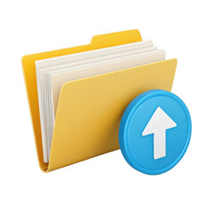 3d yellow folder icon with blue upload arrow symbol isolated on transparent background