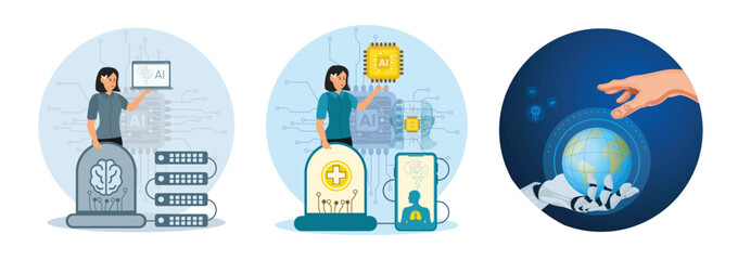 Artificial Intelligence Concept. Woman Demonstrating AI Integration. Human and Robot Hand.