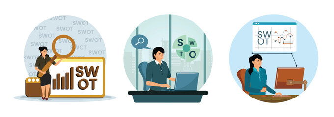 SWOT Analysis. Businesswoman Conducting SWOT. SWOT Data analysis.