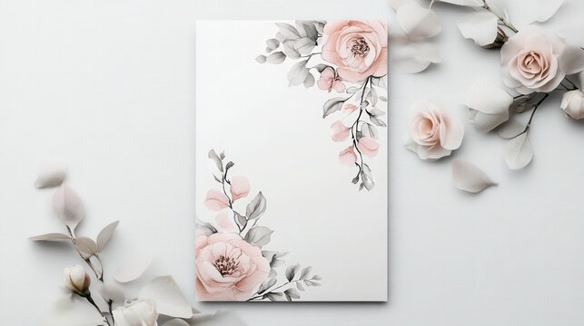 Wedding invitation template, soft watercolor florals with vintage border accents,