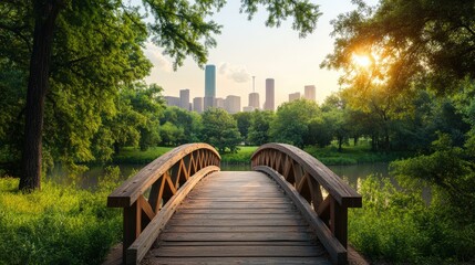 Obraz premium Tranquil park scene with wooden bridge over water leading to city skyline and green trees at sunset