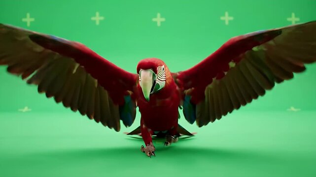 Animated Red Macaw Parrot Landing on Green Screen