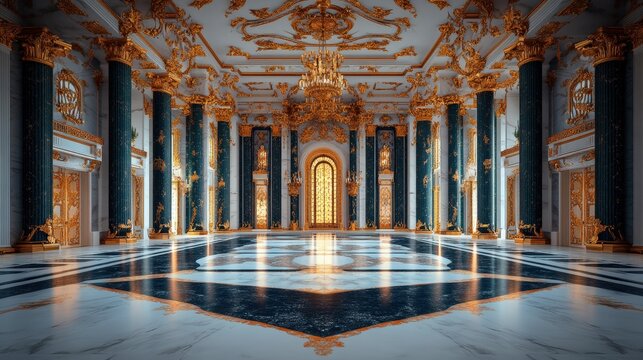 Stunning palace interior with luxurious gold accents intricate marble floo grand architectural design ornate ceiling details sunlight - Powered by Adobe