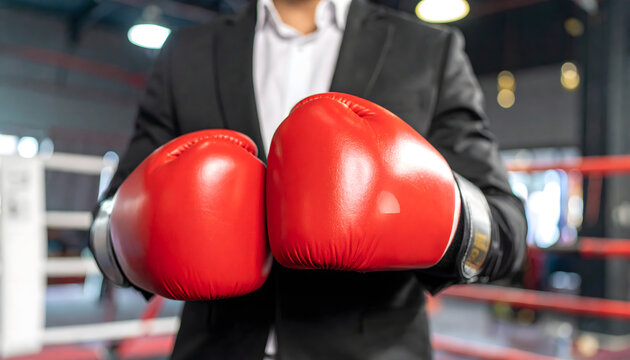 A scene of a businessman holding gloves and showing his willingness to fight