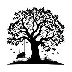 Silhouette tree with cat on swing vector illustration nature landscape design background art drawing graphic