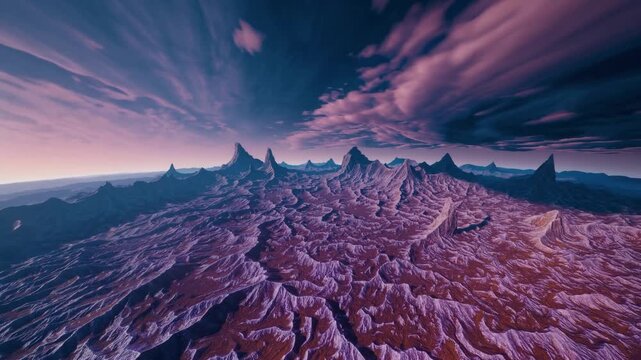 Beautiful desert landscape at dusk with a full moon and orange-hued clouds painting the evening sky on exo planet