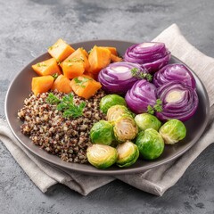 Colorful Raw Vegetables on a Serving Plate with Quinoa and Fresh Herbs for Healthy Vegetarian Meal or Plant-Based Diets