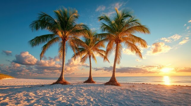 Beautiful tropical beach scene with three palm trees du sunset on a sandy shore