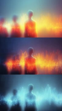 Abstract figures with glowing energy trails in orange, blue, and teal. Dark background, ethereal mood. Digitally created, tri panel artwork.