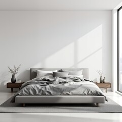Modern bedroom with grey bedding and minimalist decor interior