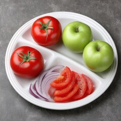 Fresh sliced tomatoes and whole green apples with sliced red onion on a white divided plate on dark textured surface