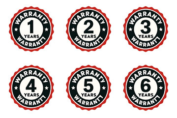 Warranty logo in zig zag circle with 1 years, 2 years, 3 years and 5,6 years warranty stamp or sticker.new.