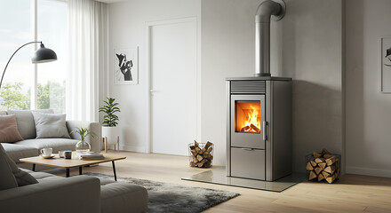 Modern Pellet Stove for Home Heating — Eco-Friendly Wood Pellet Fireplace Interior Design