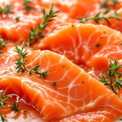 Fresh salmon slices with rosemary herb fish seafood