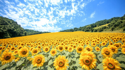 A beautiful, vast field of sunflowers under a bright blue sky. perfect for concepts of summer, happiness, agriculture, and nature