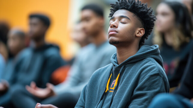 Teens practicing mindfulness and meditation at a youth center, promoting relaxation, focus, and mental health awareness. —ar 16:9