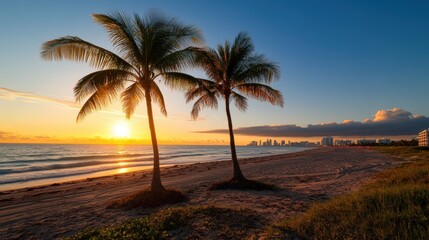 Fototapeta premium Beautiful tropical beach scene with three palm trees du sunset over ocean shoreline and city skyline in the distance