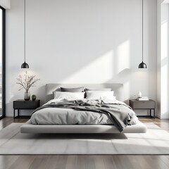 Contemporary bedroom with grey bedding and minimalist decor white
