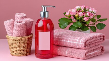 Pink towels with a flower bouquet, liquid soap dispenser, and a wicker basket on a pink background for spa or bathroom decor