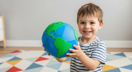 Smiling Child Holding Earth Globe, Representing Global Awareness and Education.