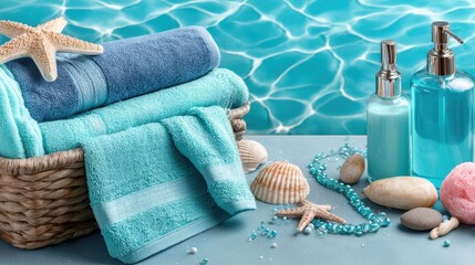 Beach-themed still life with folded towels seashells starfish and skincare bottles by a swimming pool