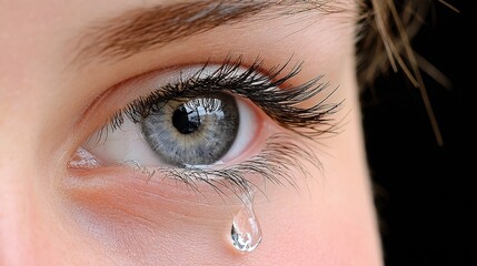 Close-up of a human eye with detailed eyelashes and a single tear drop reflecting natural light, showcasing emotion, beauty, and intricate eye details against a black background