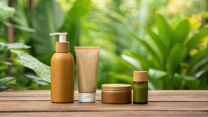 Natural skincare products displayed on a wooden surface, surrounded by green foliage, conveying a sense of wellness and organic beauty.