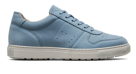 Close-up of stylish light blue men's sneakers made from genuine nubuck leather, isolated on white background. Fashionable and elegant footwear for adults.