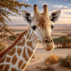 Close-up of a Giraffe's Head and Neck in the African Savanna During Sunset with a Scenic Background and Blooming Trees