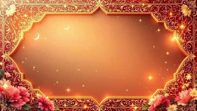 Islamic themed frame decorated with flowers and stars, with a bright red background