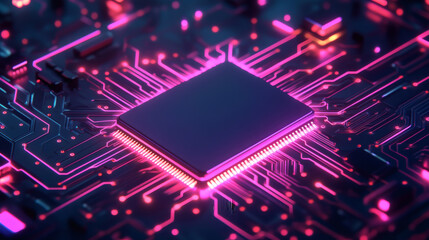 Neon-lit Microchip on a Circuit Board with a Futuristic Ambiance
