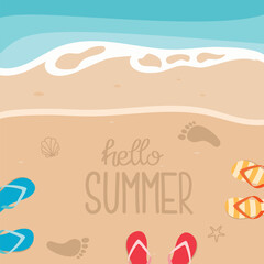 Summer beach vector background. Coastline, sand, flip flops. Hello Summer hand lettering. 