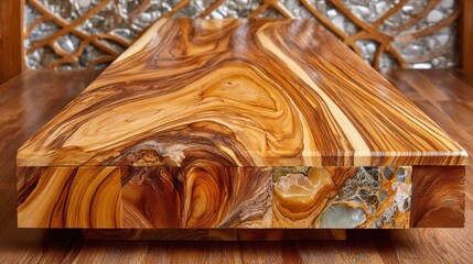 Close-up of a polished marble table with vibrant natural veining in warm earthy tones, set against a rustic wooden background featuring intricate carved wooden furniture details