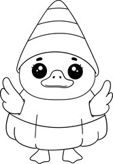 halloween cartoon duck in candy corn costume in black and white kid coloring page