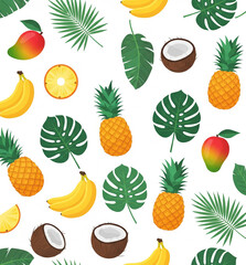 A bright and playful seamless pattern featuring pineapples, bananas, mangoes, coconuts, and tropical leaves on a white background