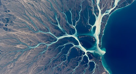 Aerial view of a river delta flowing into a large body of water, showcasing intricate patterns.