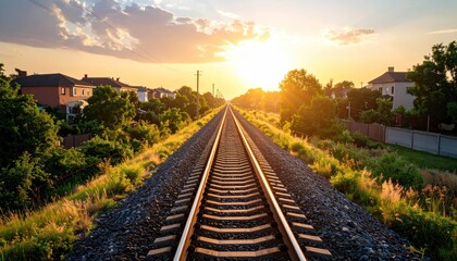 Fototapeta premium Railway lines vanishing towards the horizon during a vivid sunset scene