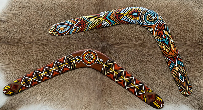 Two ornate Aboriginal boomerangs displaying traditional art designs, cultural artefacts showcasing indigenous craftsmanship and heritage