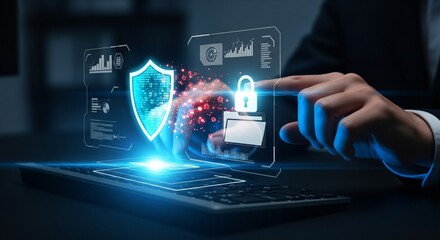 Cybersecurity Analyst Engaging with a Futuristic Defense Interface