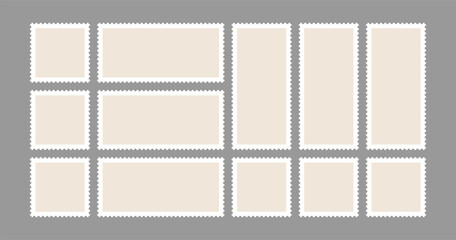 Post stamp vector set. Postcard corner delivery mark. Perforated border and rectangular square shape label. Scrapbook travel sticker, Vintage mail envelope seal. Retro shipping package postage clipart