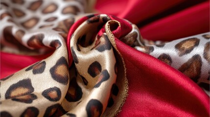 Close-up of luxury silk scarves with animal print and vibrant red fabric, showcasing soft textures, intricate patterns, and elegant draping for fashion accessory or textile design themes