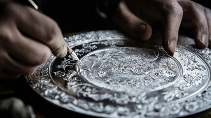 Metal engraver etching intricate designs onto a silver plate, precision craftsmanship, high-resolution close-up of artisan at work —ar 16:9 