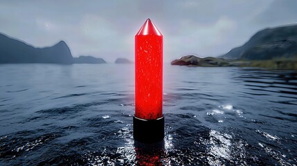 Red Crystal Monolith Rises From Shimmering Blue Lake Surrounded By Verdant Mountains