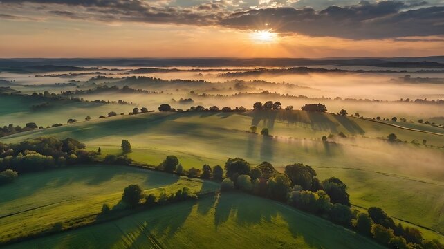Aerial View of Rolling Countryside at Sunset with Hazy Clouds. Generated with AI