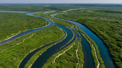 Aerial View of a River Delta with Winding Channels and Lush Green Vegetation. Generated with AI
