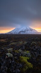 Fototapeta premium Snow capped mountain over dark lava field at sunset